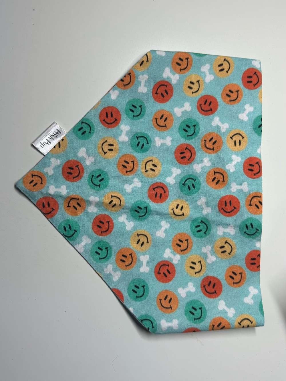 Dog Smiley Bone Bandana - Teal with Orange, Yellow & Green